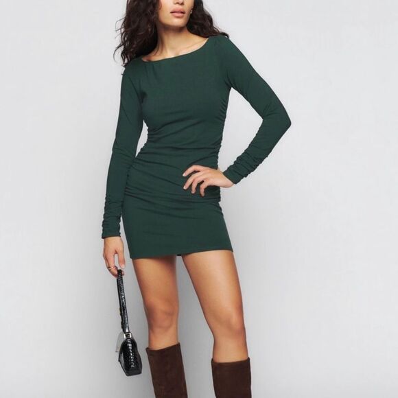 REFORMATION Lucio Knit Forest Green Ruched Mini Dress Size Large Long Sleeve - Picture 1 of 16